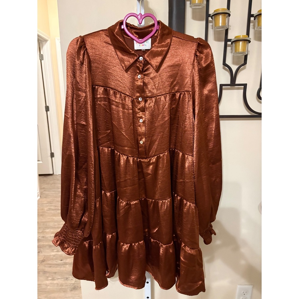 Fantastic Fawn Copper Brown Satin Tiered Mini Dress Long Sleeve Collared Medium